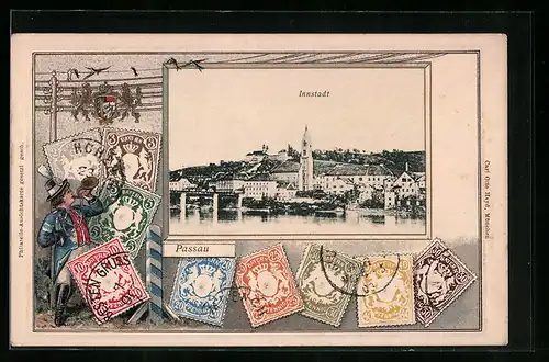 Präge-AK Passau, Innstadt, Totalansicht, Briefmarken, Wappen