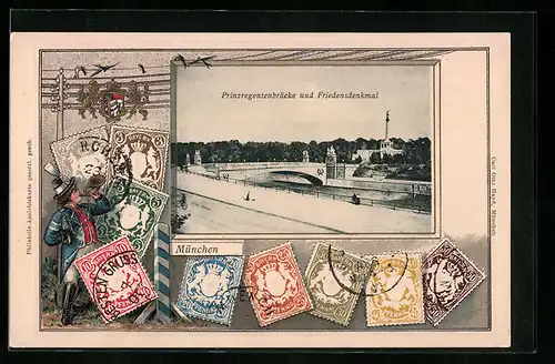 Präge-AK München, Prinzregentenbrücke und Friedensdenkmal, Briefmarken, Wappen