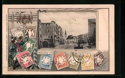 Präge-AK Mühldorf a. Inn, Strassenpartie mit Brunnen, Briefmarken, Wappen