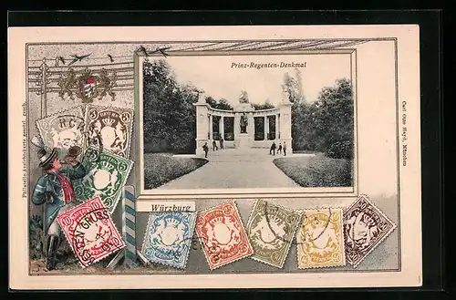 Präge-AK Würzburg, Prinz-Regenten-Denkmal, Briefmarken, Wappen