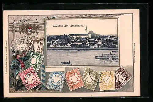 Präge-AK Diessen am Ammersee, Teilansicht mit Dampfer, Briefmarken, Wappen