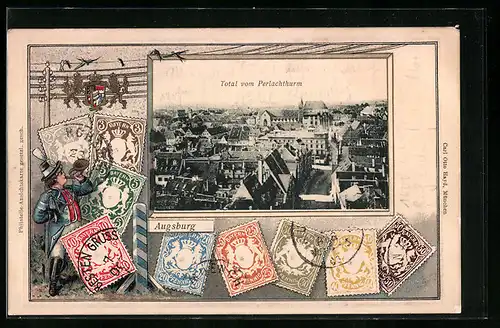 Präge-AK Augsburg, Total vom Perlachthurm, Briefmarken, Wappen