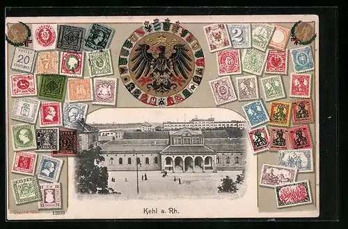 Präge-AK Kehl am Rhein, Ansicht Bahnhofsgebäude, Briefmarken, Wappen