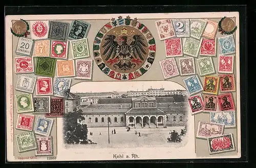 Präge-AK Kehl am Rhein, Ansicht vom Bahnhof, Briefmarken, Wappen