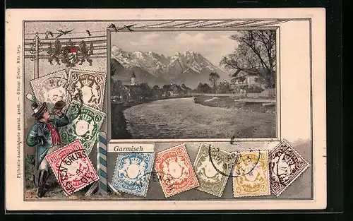 Präge-AK Garmisch, Flusspartie mit Bergen, Briefmarken, Wappen