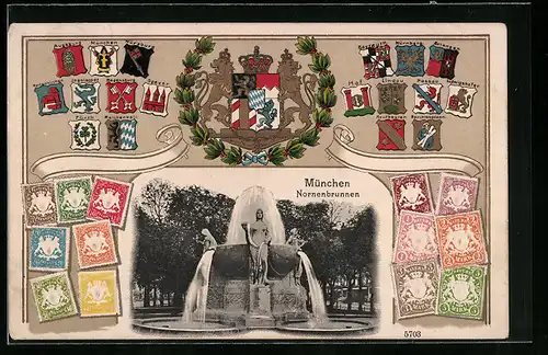 Präge-AK München, Nornenbrunnen, Wappen mit Briefmarken
