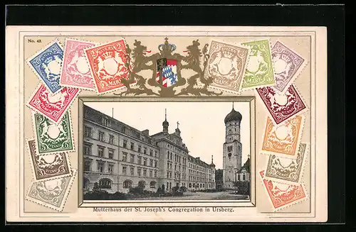 Präge-AK Ursberg, Mutterhaus der St. Joseph`s Congregation, Briefmarken, Wappen