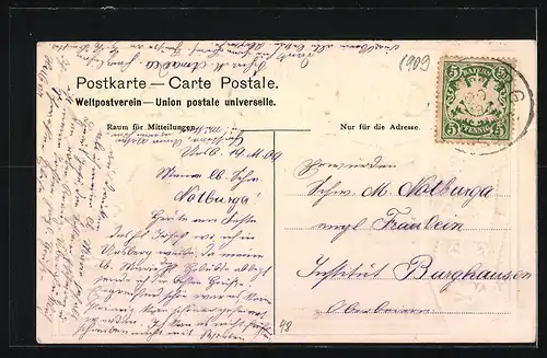 Präge-AK Ursberg, Mutterhaus der St. Joseph`s Congregation, Briefmarken, Wappen