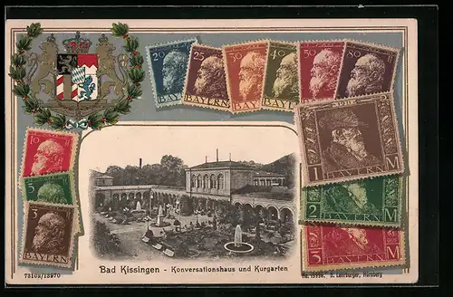 Präge-AK Bad Kissingen, Konversationshaus und Kurgarten, Briefmarken, Wappen