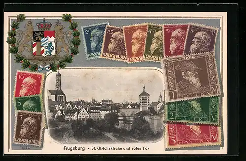 Präge-AK Augsburg, St. Ulrichskirche und rotes, Tor, Briefmarken, Wappen