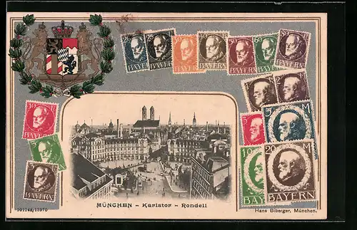 Präge-AK München, Karlstor, Rondell, Briefmarken, Wappen