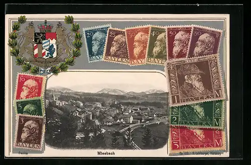 Präge-AK Miesbach, Totalansicht der Gemeinde, Briefmarken, Wappen
