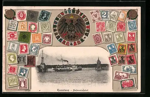 Präge-AK Konstanz, Hafeneinfahrt, Briefmarken, Wappen