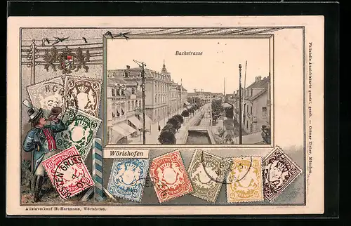 Präge-AK Wörishofen, Bachstrasse, Briefmarken, Wappen