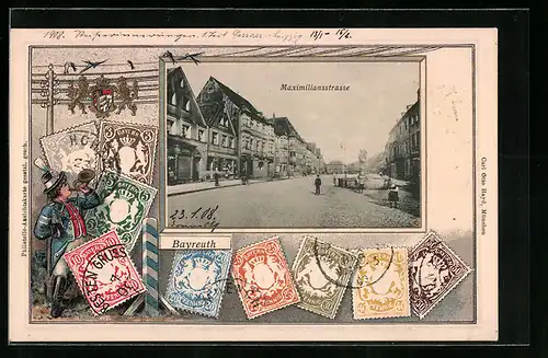 Präge-AK Bayreuth, Maximiliansstrasse, Briefmarken, Wappen