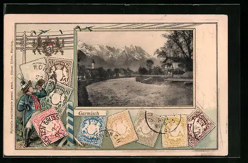 Präge-AK Garmisch, Flusspartie im Ort, Briefmarken, Wappen