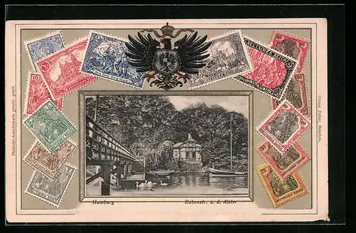 Präge-AK Hamburg-Rotherbaum, Rabenstrasse a.d. Alster, Briefmarken, Wappen