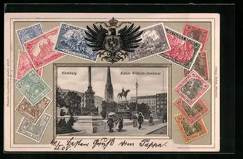 Präge-AK Hamburg, Kaiser Wilhelm-Denkmal, Briefmarken, Wappen