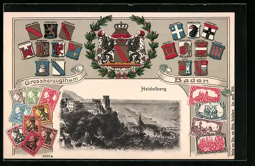 Präge-AK Heidelberg, Ortsansicht mit Neckar, Briefmarken, Wappen