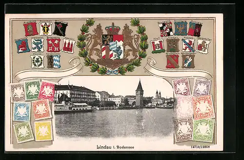Präge-AK Lindau i. B., Teilansicht vom Hafen aus, Briefmarken, Wappen