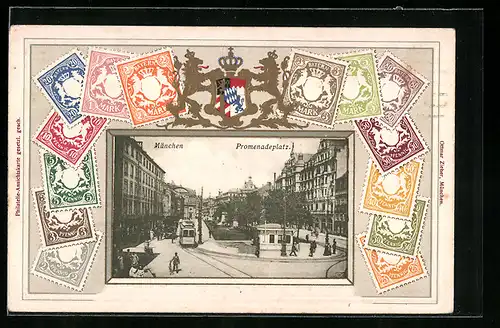 Präge-AK München, Promenadeplatz, Strassenbahn, Briefmarken, Wappen
