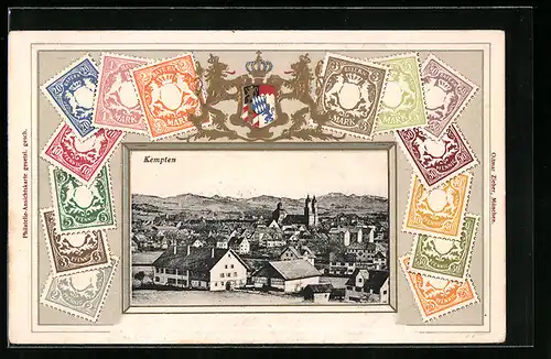 Präge-AK Kempten, Totalansicht des Ortes, Briefmarken, Wappen