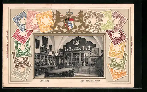 Präge-AK Altötting, Kgl. Schatzkammer, Briefmarken, Wappen