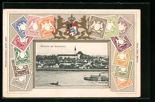 Präge-AK Diessen am Ammersee, Teilansicht mit Dampfer, Briefmarken, Wappen