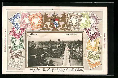 Präge-AK München, Totalansicht vom Maximilianeum aus, Briefmarken, Wappen