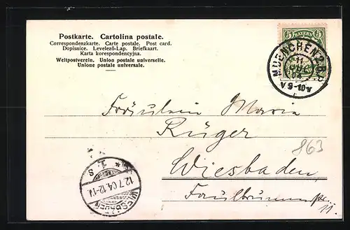 Präge-AK München, Totalansicht vom Maximilianeum aus, Briefmarken, Wappen