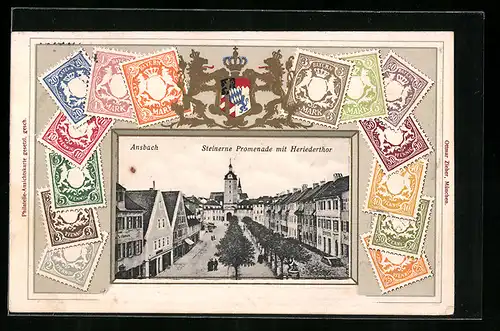 Präge-AK Ansbach, Steinerne Promenade mit Heriederthor, Briefmarken, Wappen