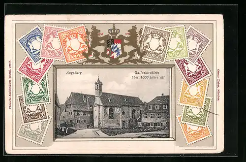 Präge-AK Augsburg, Galluskirchlein über 1000 Jahre alt, Briefmarken, Wappen