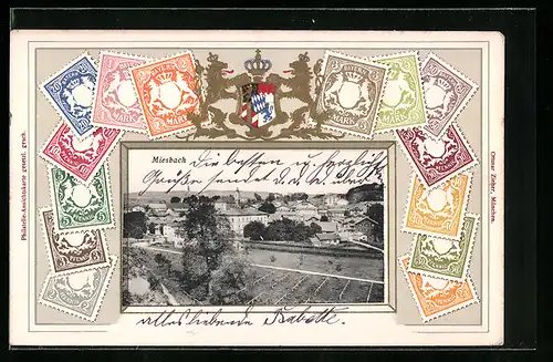 Präge-AK Miesbach, Teilansicht der Stadt, Briefmarken, Wappen