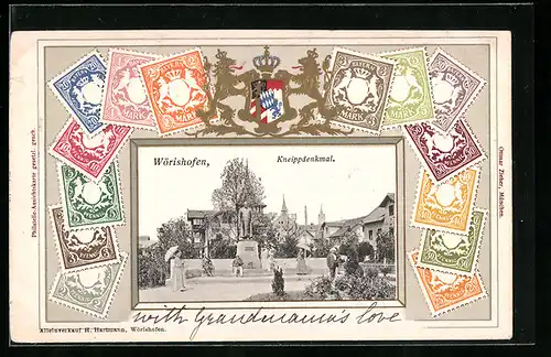 Präge-AK Wörishofen, Kneippdenkmal, Briefmarken, Wappen