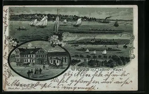 Mondschein-Lithographie Cladow /Havel, Ortsansicht vom Wasser, Schwanenwerder, Gasthaus