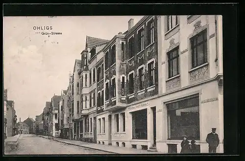 AK Ohligs, Partie in der Grün-Strasse, mit Möbelhaus Heinrich Pliddeke