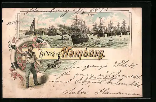Vorläufer-Lithographie Hamburg-Harburg, 1895, Hafen mit Segelschiffen, Matrose