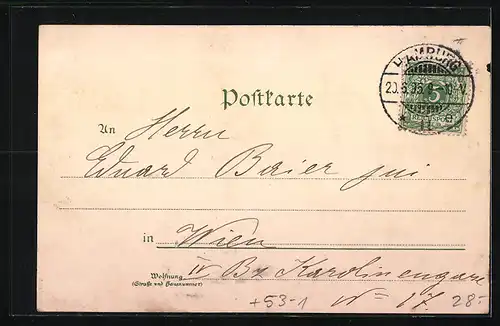 Vorläufer-Lithographie Hamburg-Harburg, 1895, Hafen mit Segelschiffen, Matrose