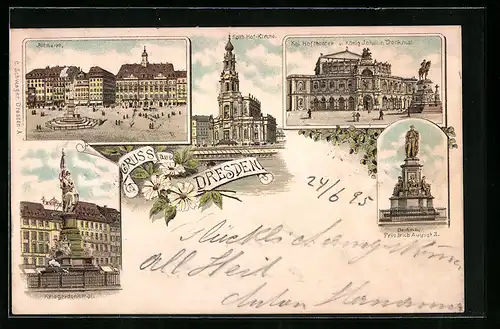 Vorläufer-Lithographie Dresden, 1895, Altmarkt, Hoftheater, Kriegerdenkmal