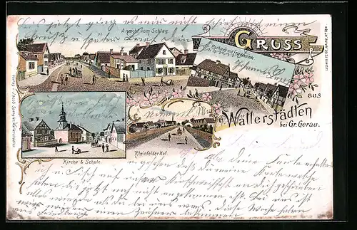 Lithographie Wallerstädten bei Gr. Gerau, Ansicht vom Schlag, Rheinfelder Hof