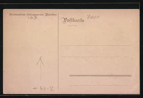 Künstler-AK München, Akademischer Gesangverein, Ritterhelm und Studentenwappen