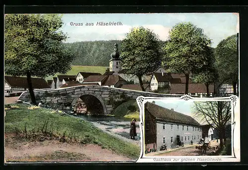 AK Häselrieth, Gasthaus zur grünen Haselstaude, Uferpartie mit Brücke