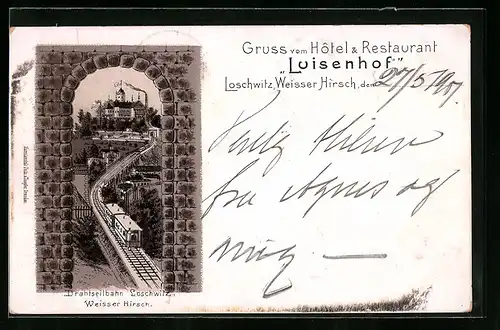 Lithographie Lochwitz-Weisser Hirsch, Hotel & Restaurant Luisenhof, Drahtseilbahn