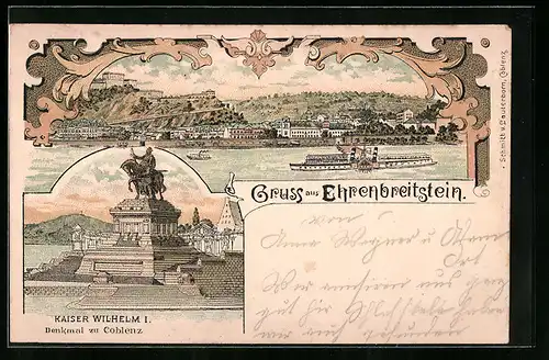 Lithographie Coblenz, Festung Ehrenbreitstein mit Dampfern, Kaiser Wilhelm I.-Denkmal