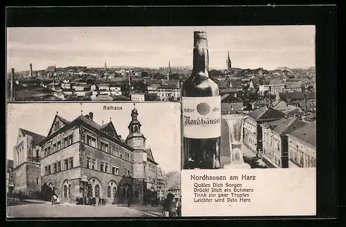 AK Nordhausen am Harz, Teilansicht, Rathaus, Reklame für Nordhäuser-Wein