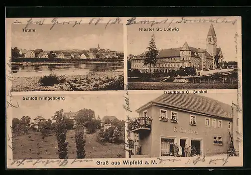 AK Wipfeld a. M., Kaufhaus G. Gunkel, Schloss Klingenberg, Kloster St. Ludwig