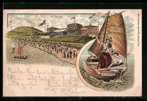 Lithographie Norderney, Gasthaus Giftbude, Zwei Frauen im Boot Norderney