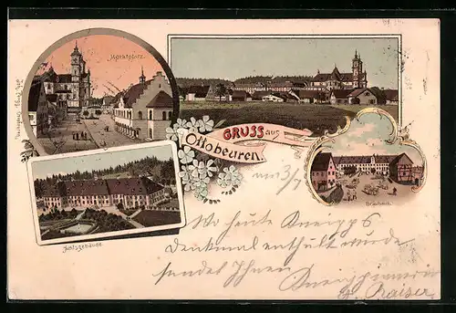 Lithographie Ottobeuren, Gasthaus Bräuhaus, Amtsgebäude, Marktplatz