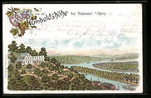 Lithographie Vallendar a. Rhein, Gasthaus Humboldshöhe, Blick ins Rheintal