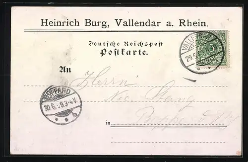 Lithographie Vallendar a. Rhein, Gasthaus Humboldshöhe, Blick ins Rheintal